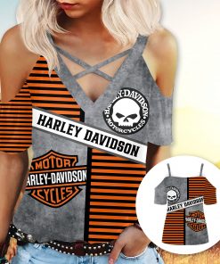 Harley Davidson Women's Cold Shoulder T-shirt With Criss Cross Strips NAJA24