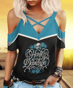 Harley Davidson Women's Cold Shoulder T-shirt With Criss Cross Strips NAJA47