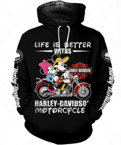 Harley Davidson Mickey Mouse Life Is Better With Harley Davidson Motorcycle Hoodie Design 3D Full Printed Sizes S - 5XL - NMQI19E