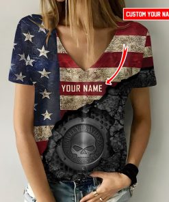 Harley Davidson Motorcycle Custom Name Women V-neck T-shirt NABD133