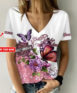 Harley Davidson Motorcycle Custom Name Women V-neck T-shirt NABS63