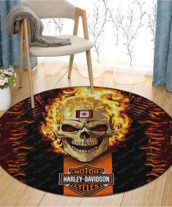 Harley Davidson Motorcycle Skull Fire Canada Flag Round Rug NABH136D