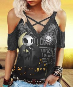 Harley Davidson Halloween Women's Cold Shoulder T-shirt With Criss Cross Strips NAMA52