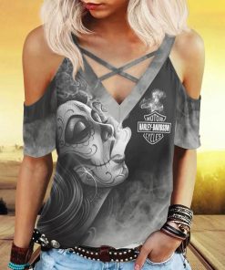 Harley Davidson Women's Cold Shoulder T-shirt With Criss Cross Strips NAMA56