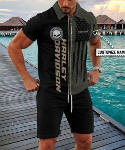 Harley Davidson Custom Name Zipped Polo Shirt and Short Set NALA412