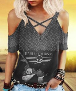 Harley Davidson Women's Cold Shoulder T-shirt With Criss Cross Strips NAMA55