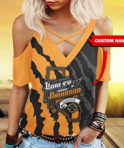 Harley Davidson Custom Name Women's Cold Shoulder T-shirt With Criss Cross Strips NAJA21