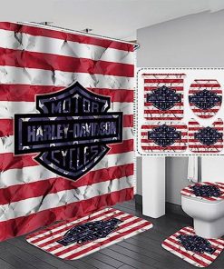 Harley Davidson Motorcycle American Flag 4th July Bathroom Decor Set NAIA472